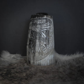 Hand carved horn mug, Allfather Odin