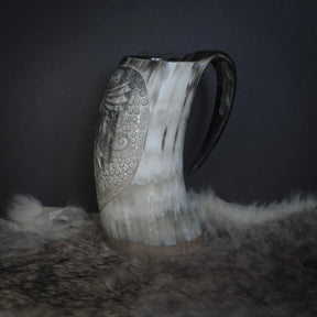 Hand carved horn mug, Allfather Odin