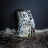 Hand carved horn mug, Allfather Odin