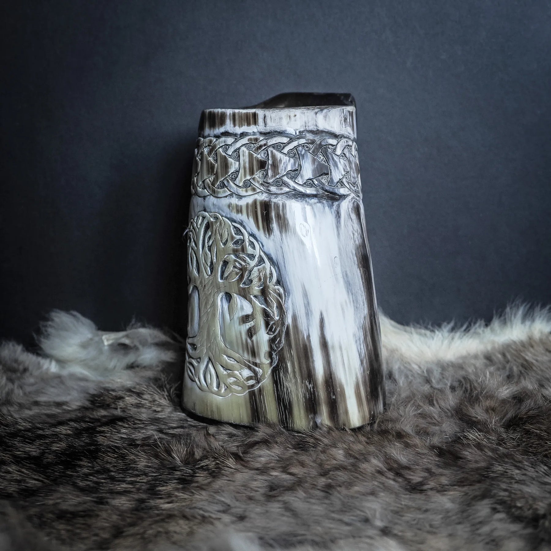 Hand carved horn mug, Allfather Odin