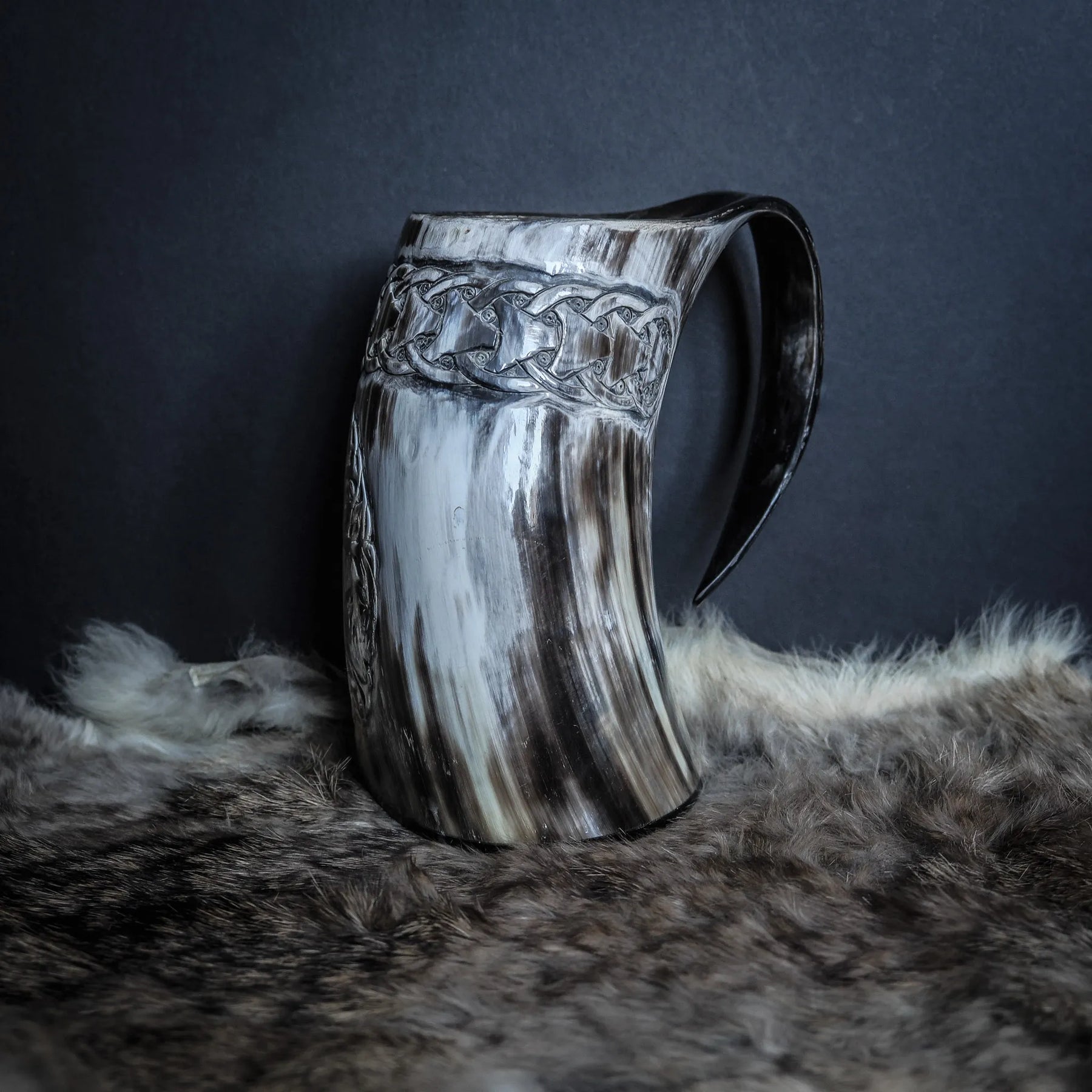 Hand carved horn mug, Allfather Odin