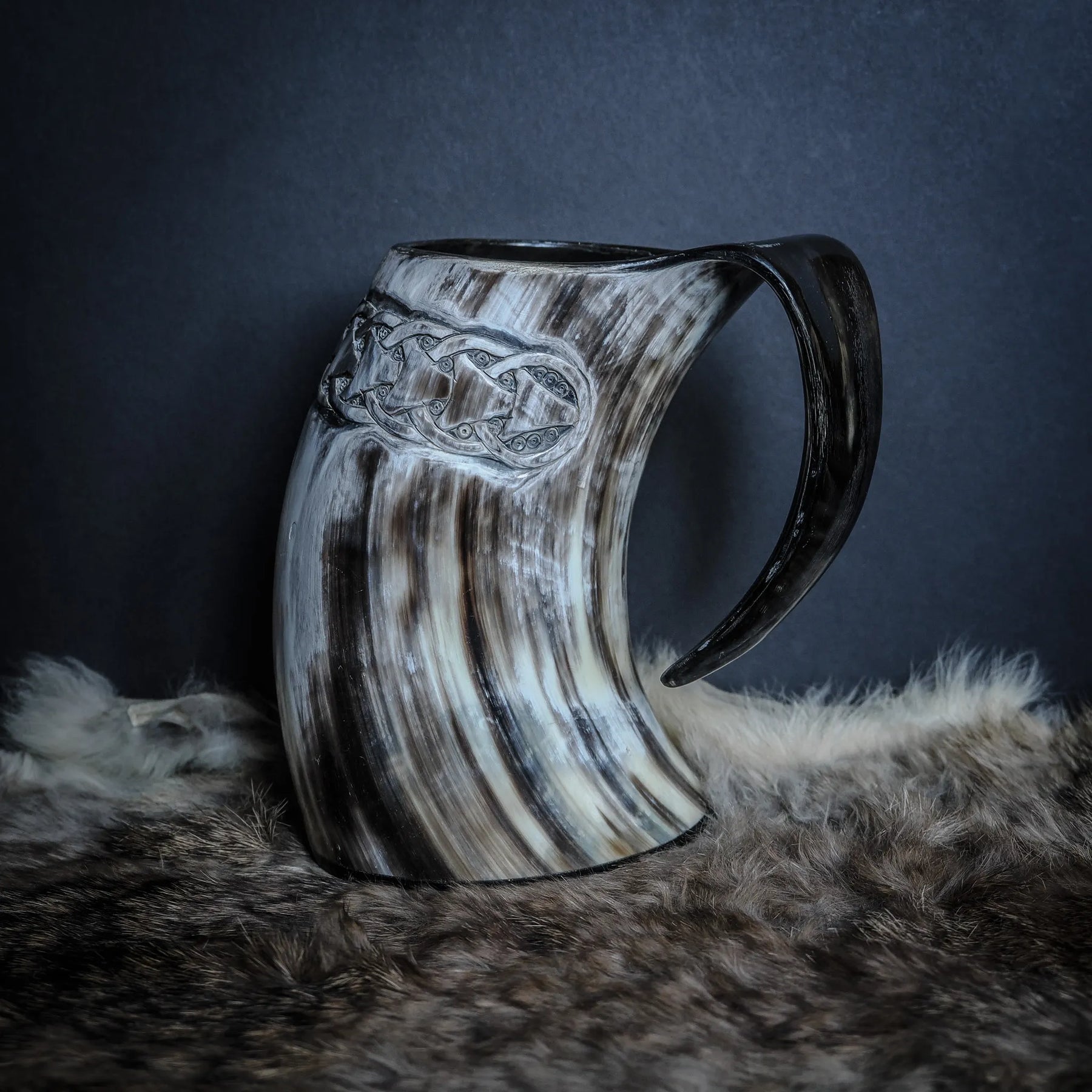 Hand carved horn mug, Allfather Odin