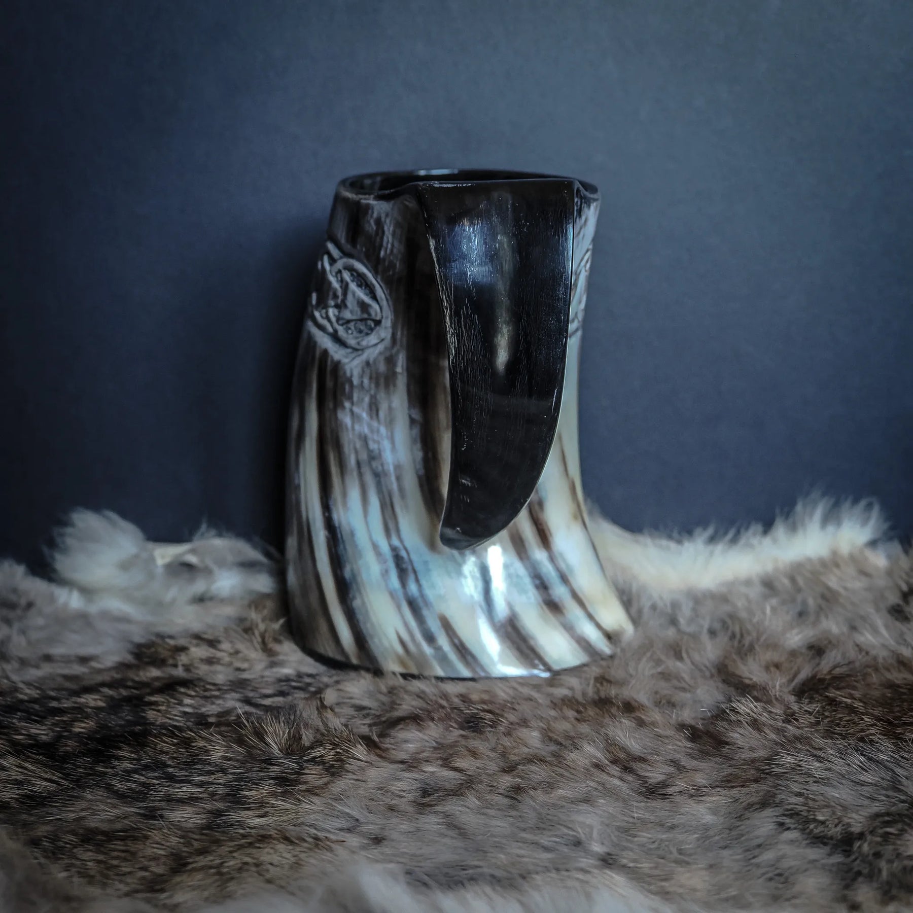 Hand carved horn mug, Allfather Odin