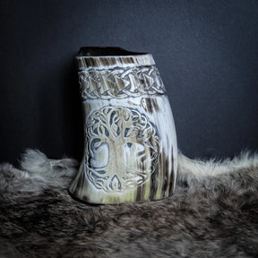 Hand carved horn mug, Allfather Odin