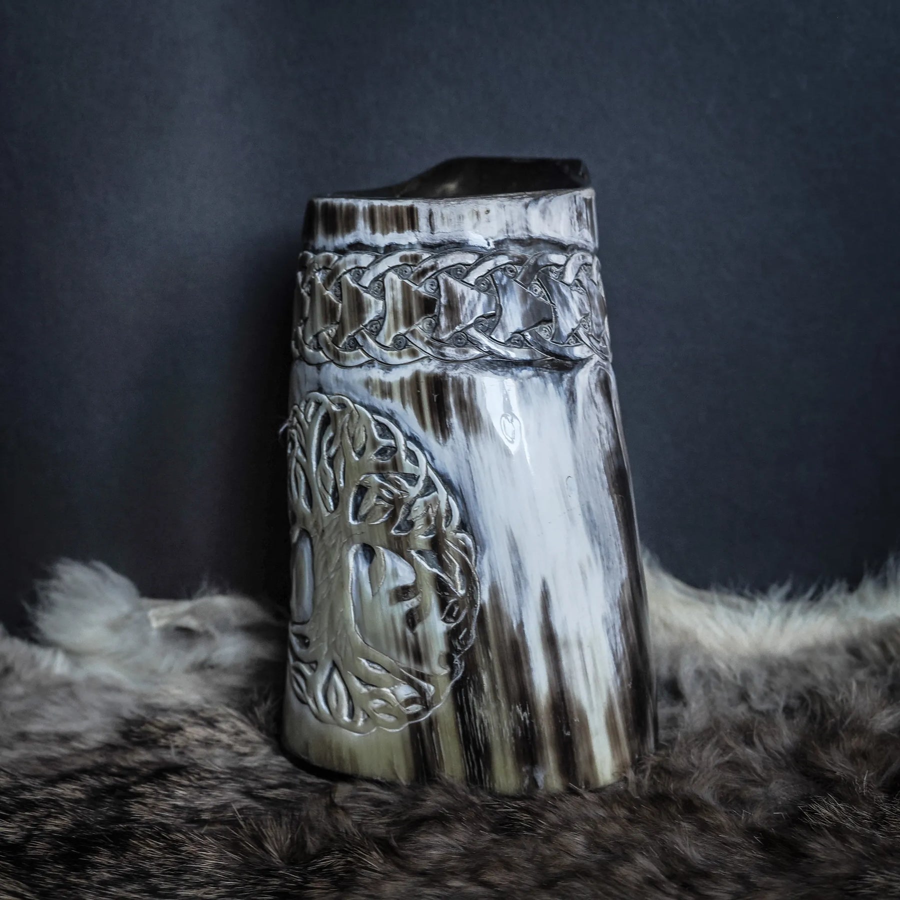 Hand carved horn mug, Allfather Odin