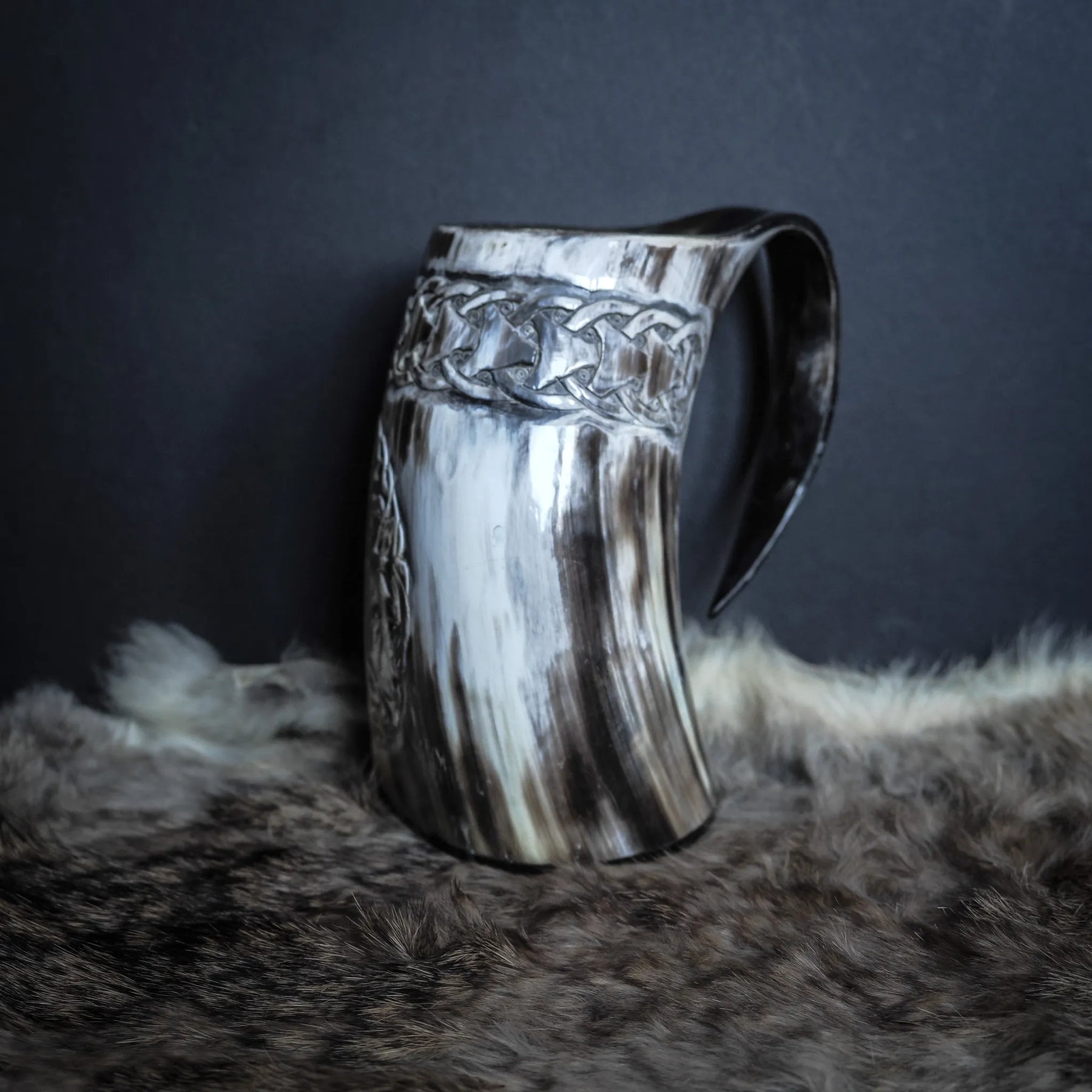 Hand carved horn mug, Allfather Odin