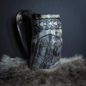 Hand carved horn mug, Allfather Odin