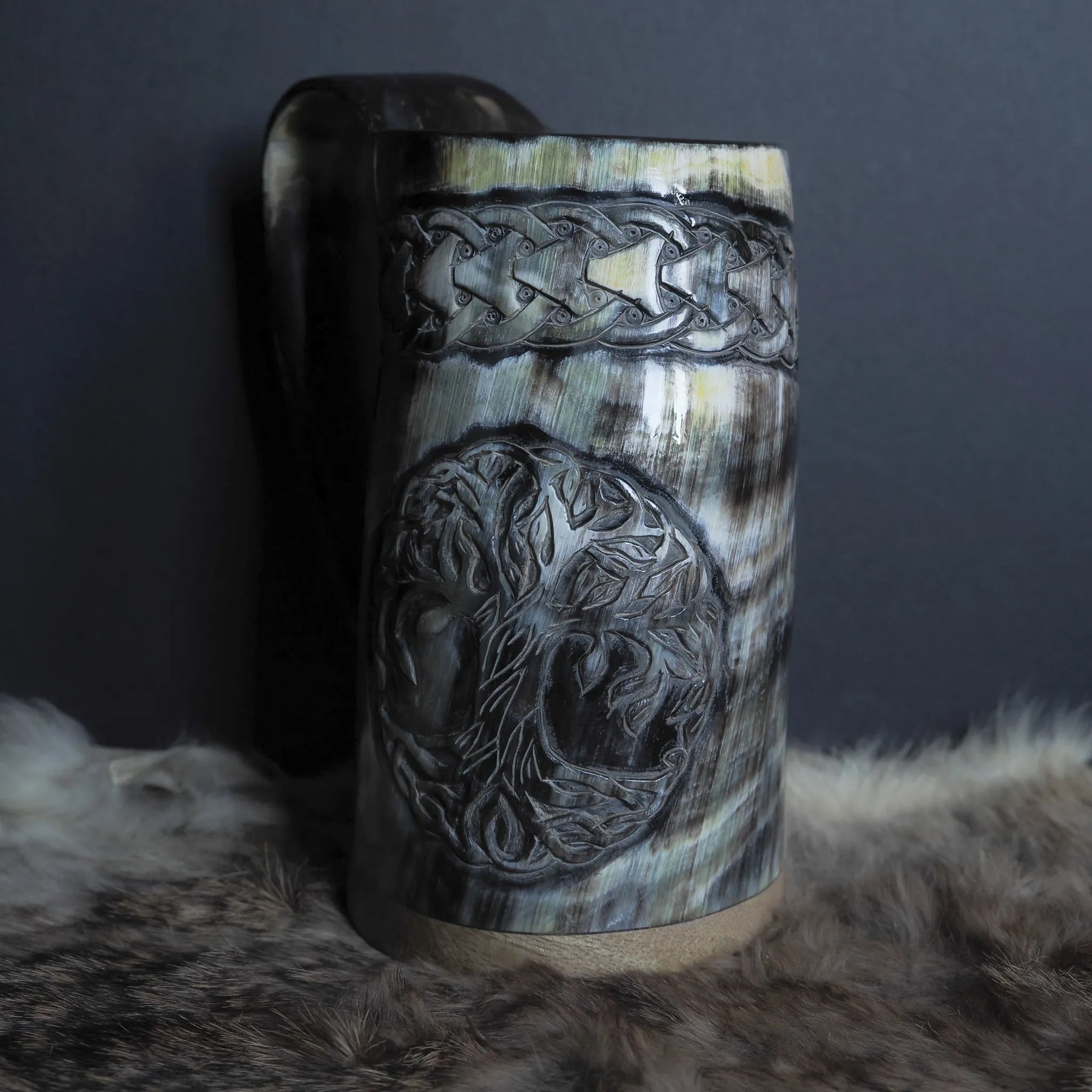 Hand carved horn mug, Allfather Odin