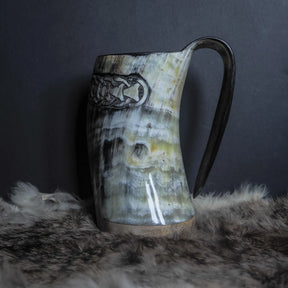 Hand carved horn mug, Allfather Odin