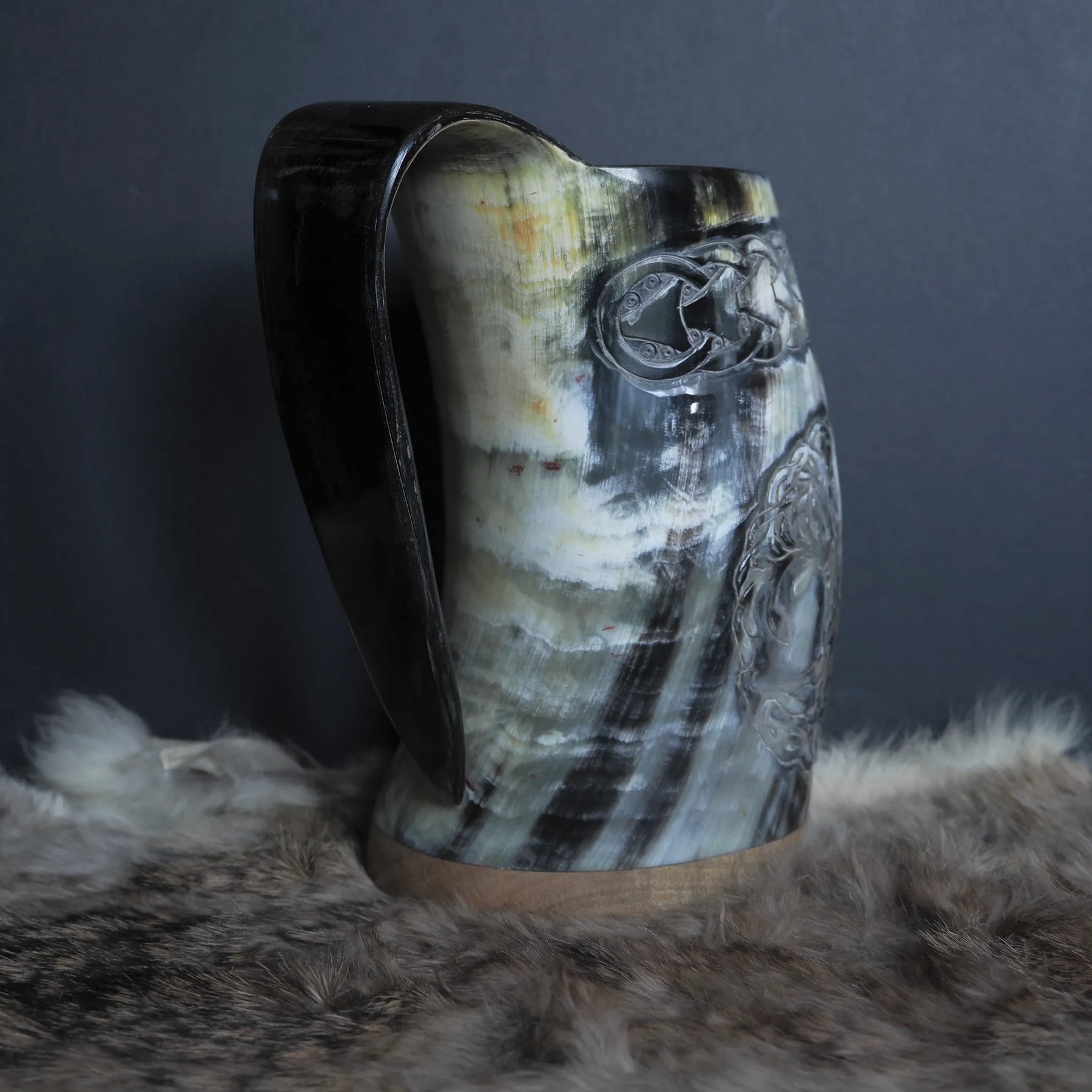 Hand carved horn mug, Allfather Odin