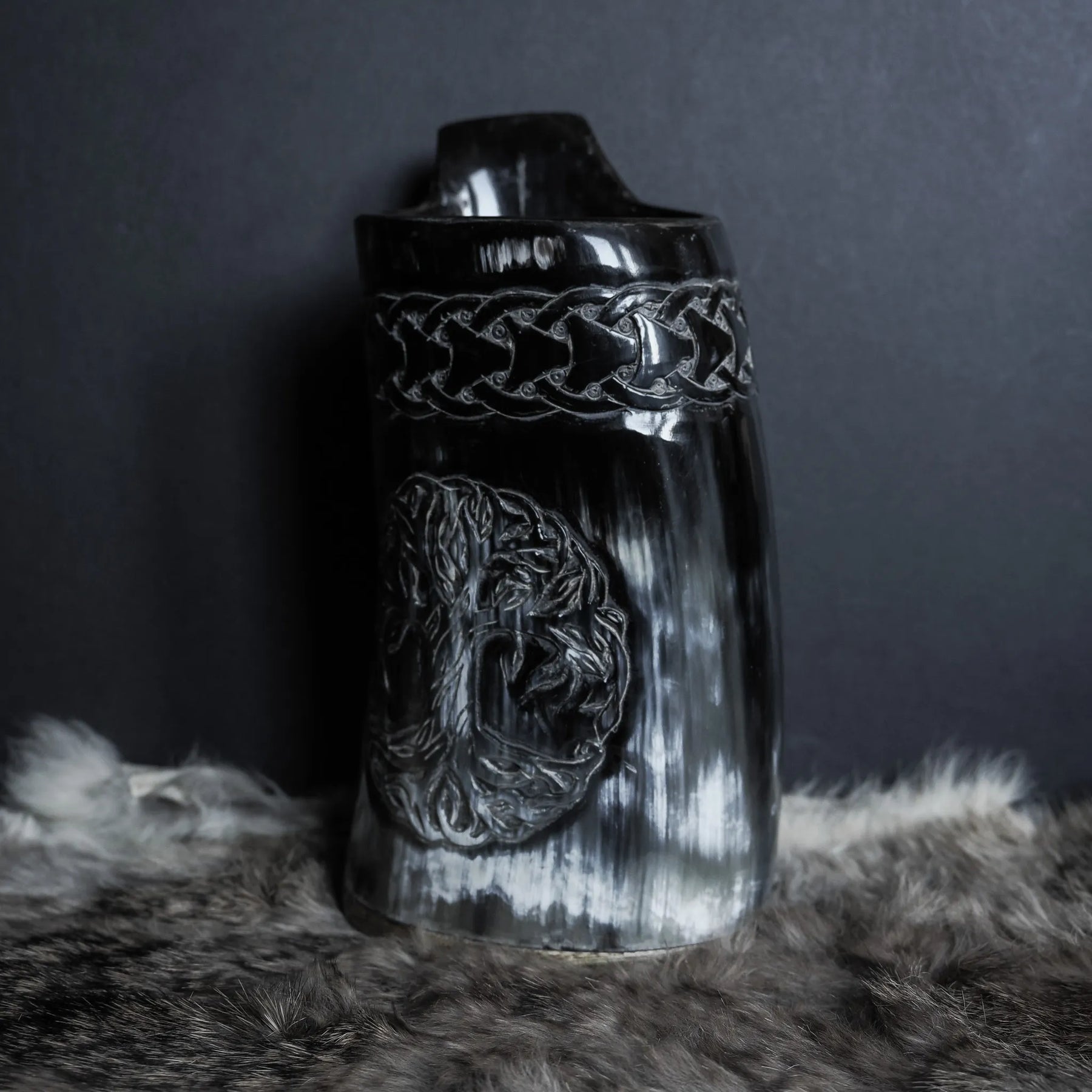 Hand carved horn mug, Allfather Odin