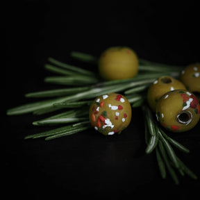 Yellow round glass bead with pattern, 07700043