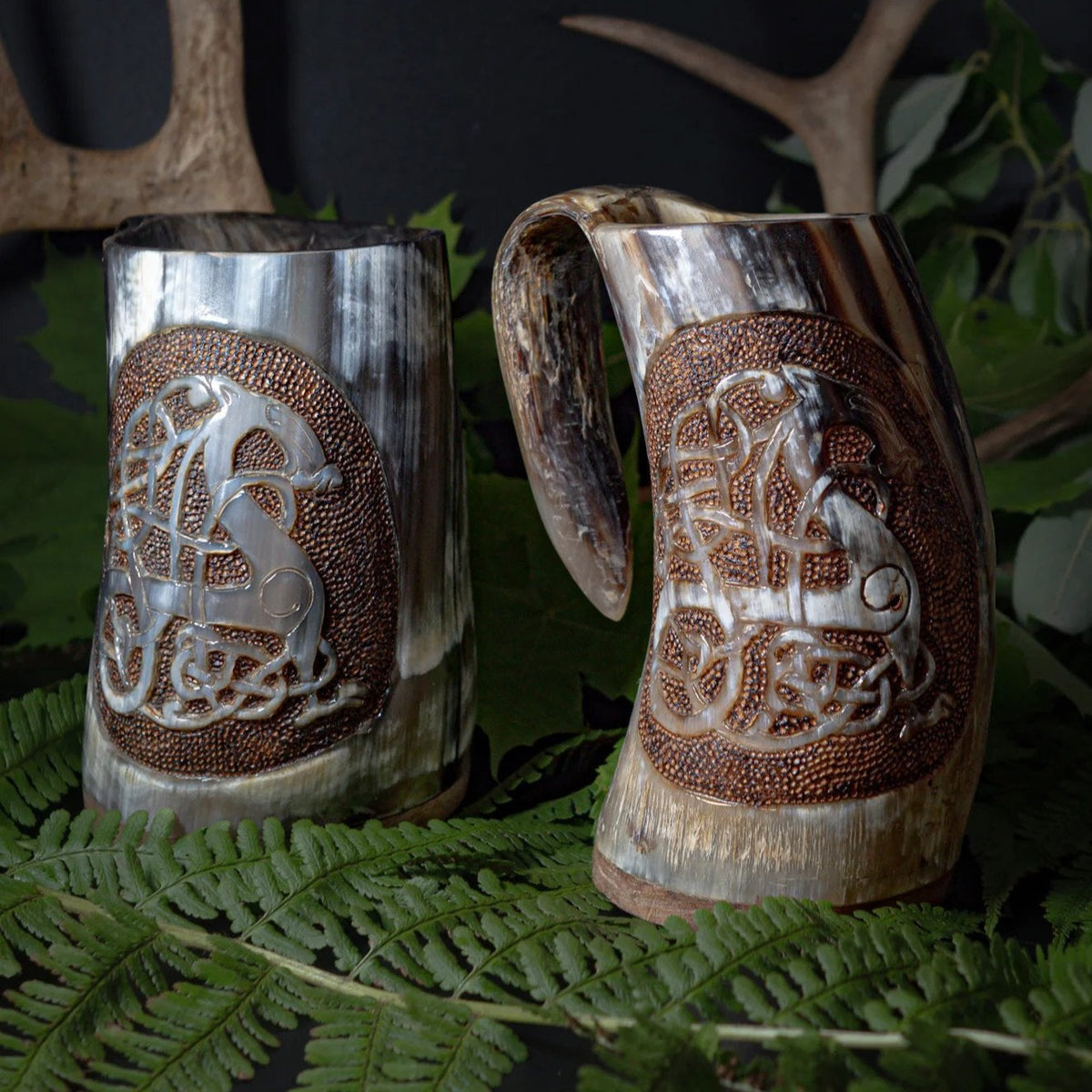 Hand carved horn mug, Urnes dragon
