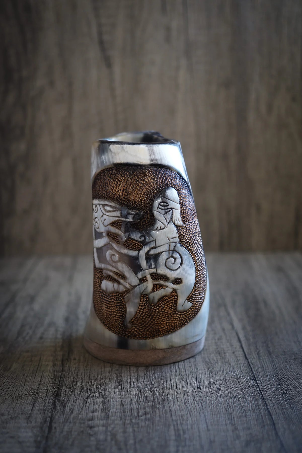 Hand-carved horn mug, Thyr and fenris