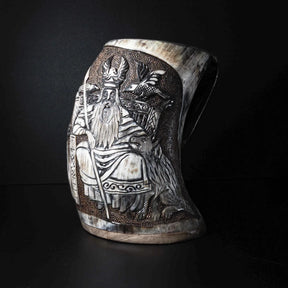 Hand carved horn mug, Allfather Odin