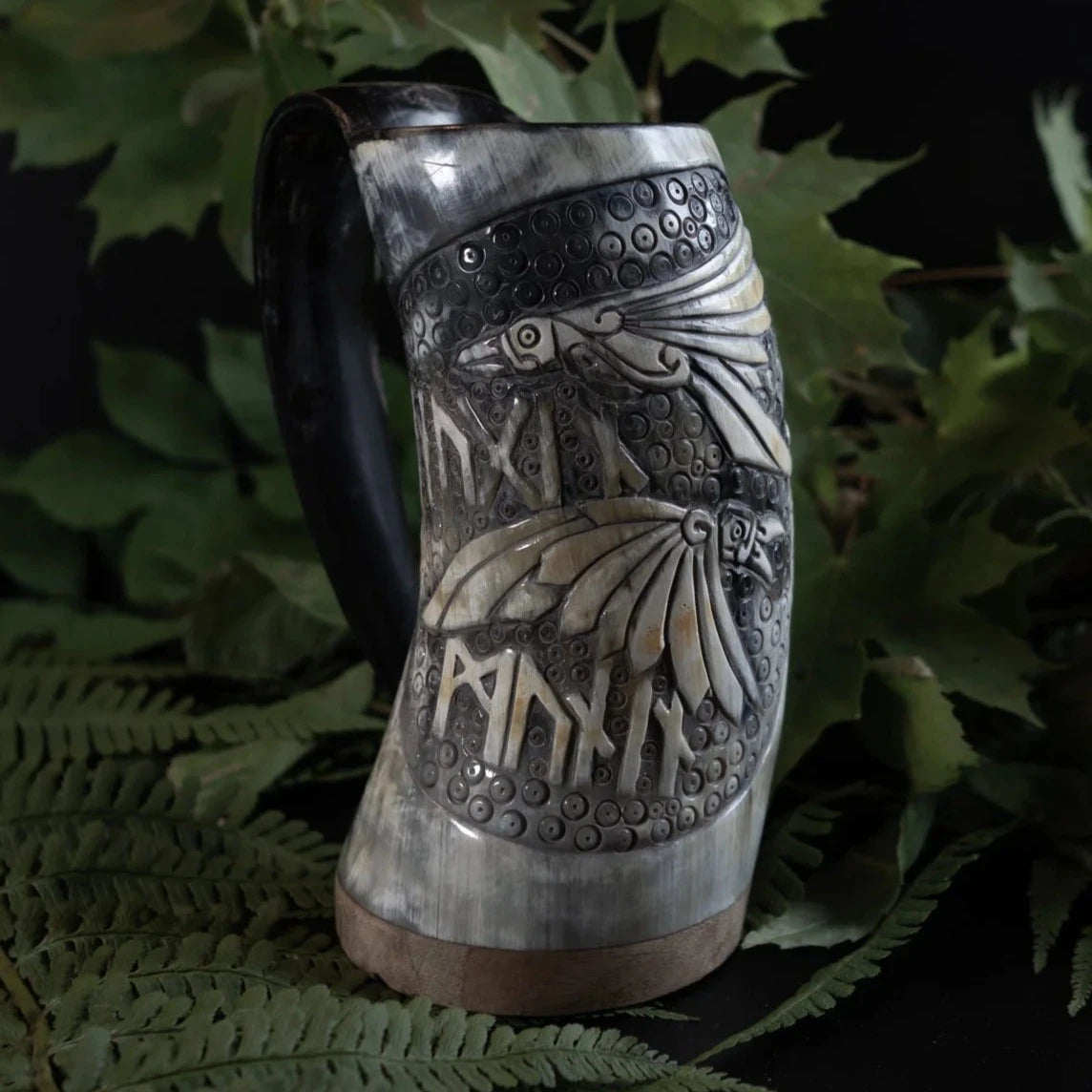 Hand-carved horn mug, Hugin and Munin