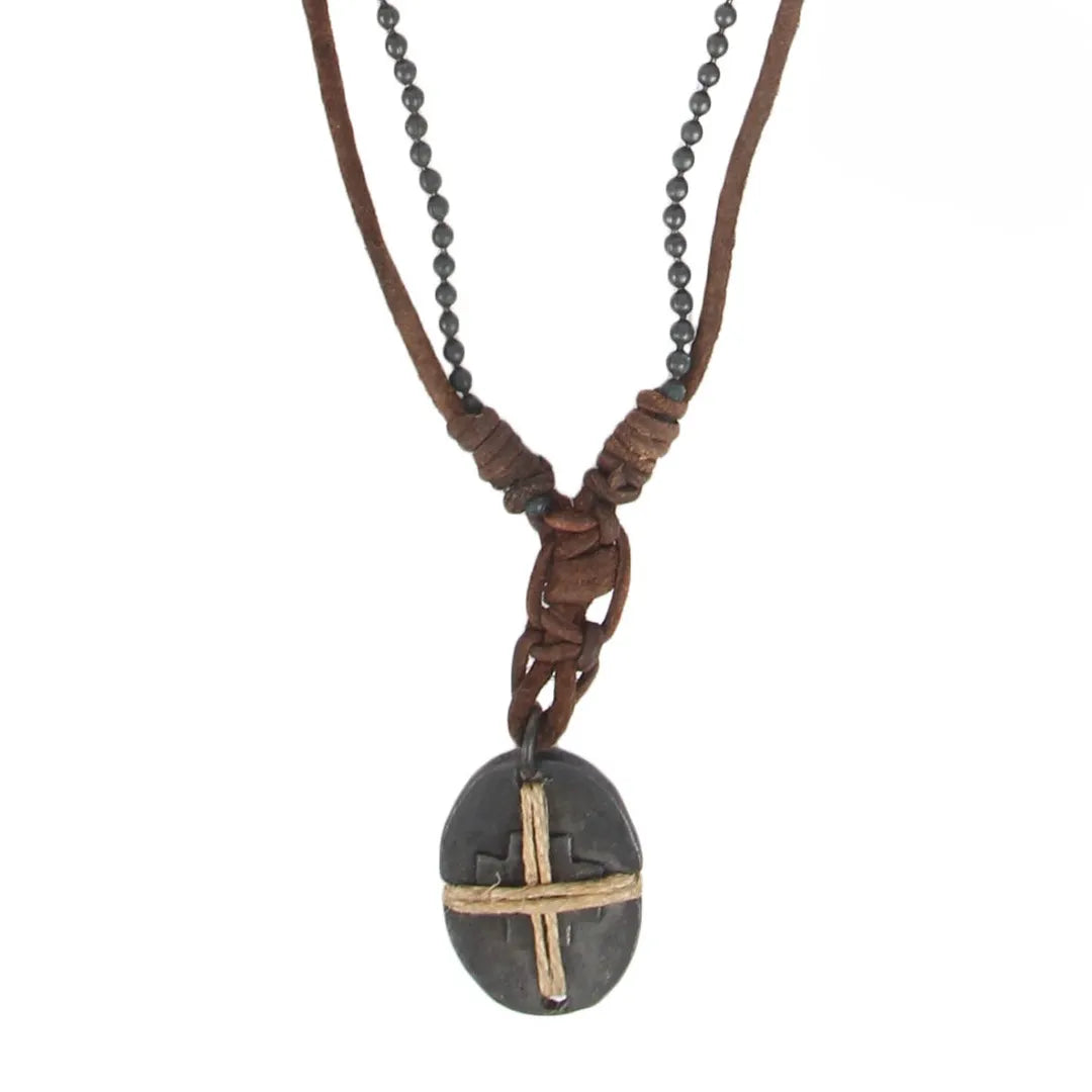 Byzans necklace – the whole necklace with the cross plate, leather cord and ball chain