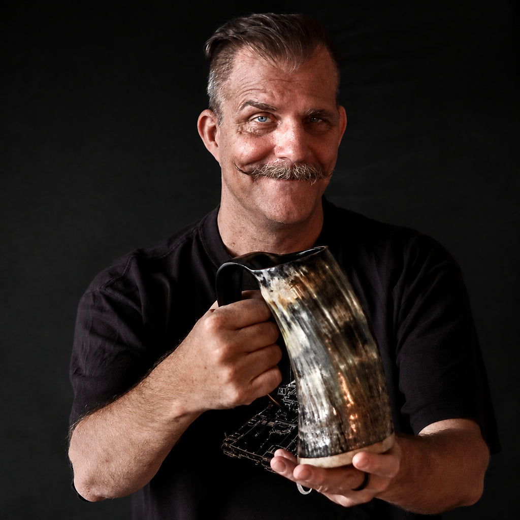 Large beer mug, Thor – a man with a mustache holding up the mug to the camera