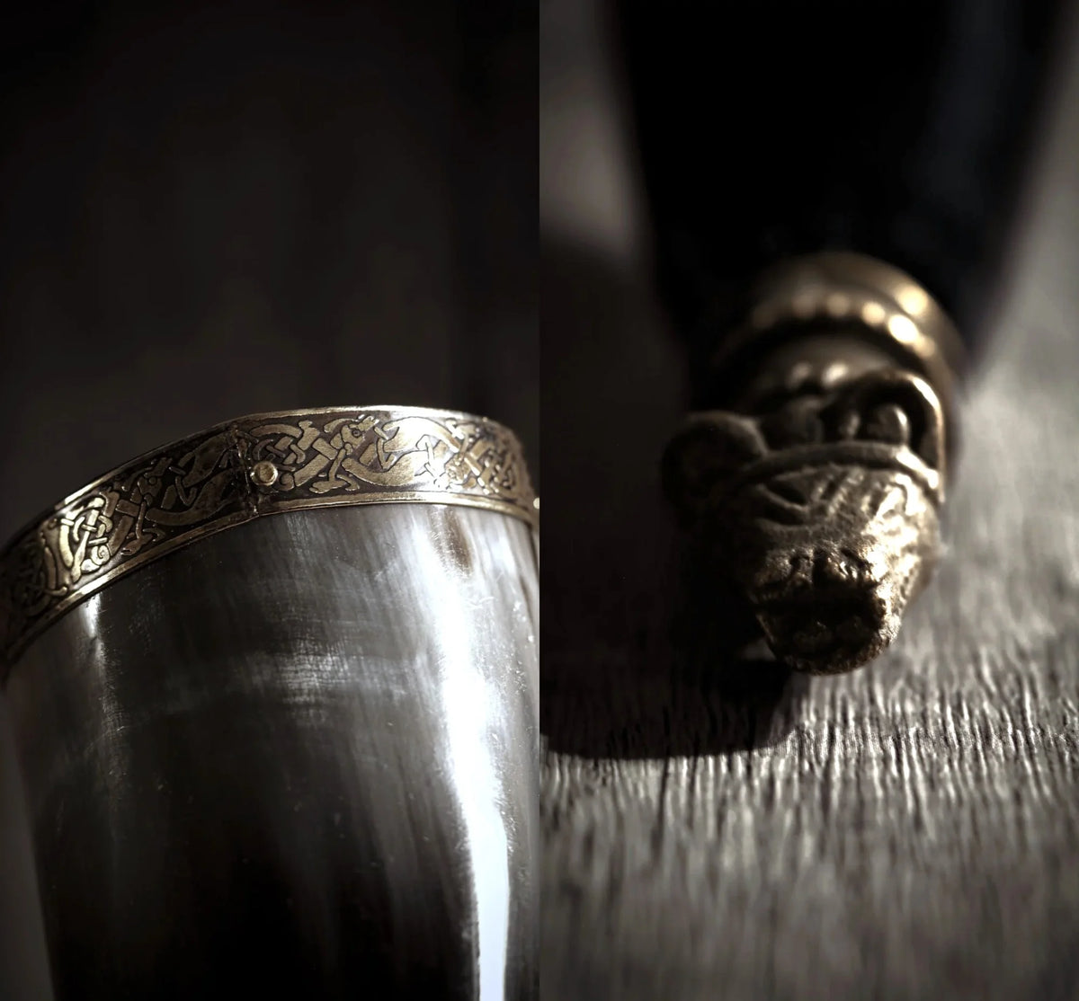 Drinking horn with brass edge and horn end in bear shape