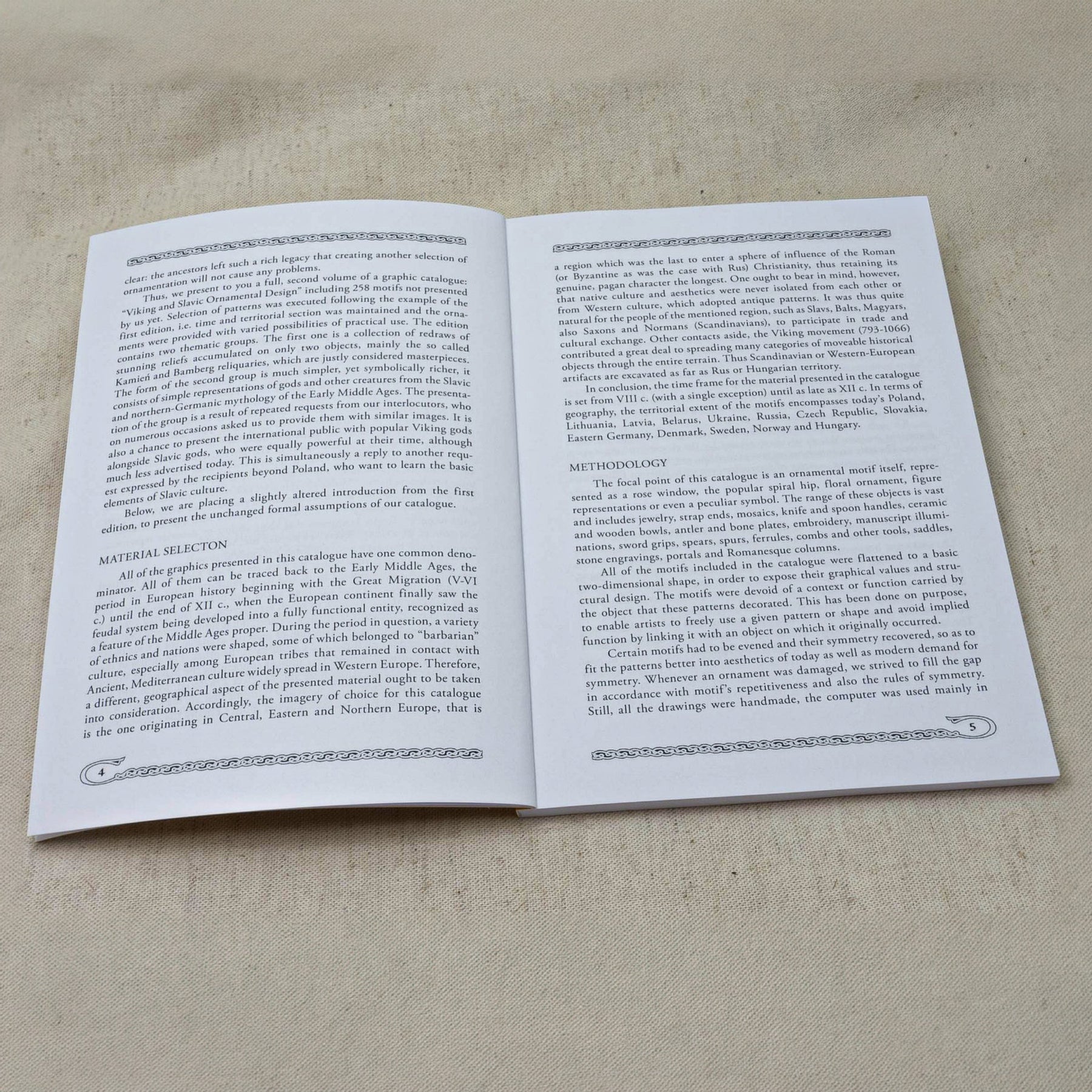 Viking and Slavic Ornamental Design – spread with text on material selection and methodology