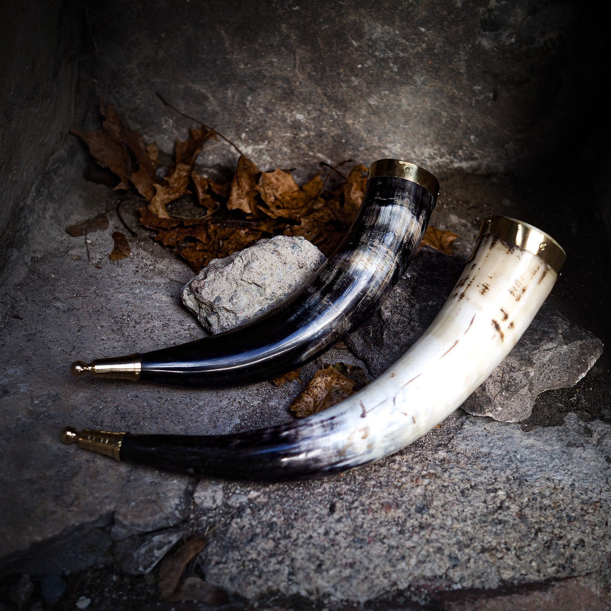 Drinking horn with brass decoration, approx. 250ml