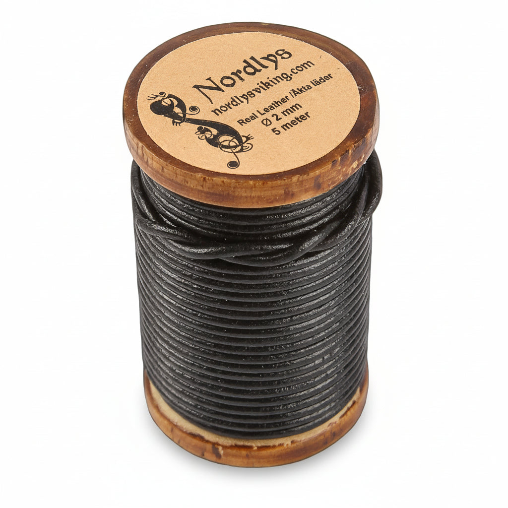 Läderband 5 meter på träspole - svart läderband 2mm på mindre träspole för mindre längd, vertikal produktfoto