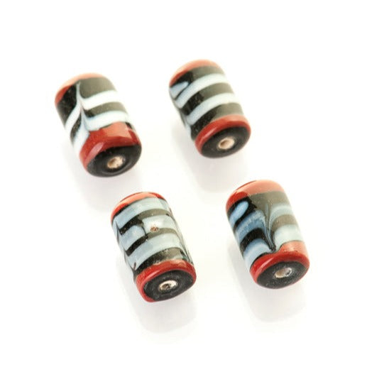 Black glass bead with grey/red decor
