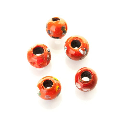 Red round glass bead with decoration, Norway