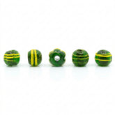 Dark green melon-shaped glass bead with yellow decor – five beads, the spiral and line pattern clearly visible